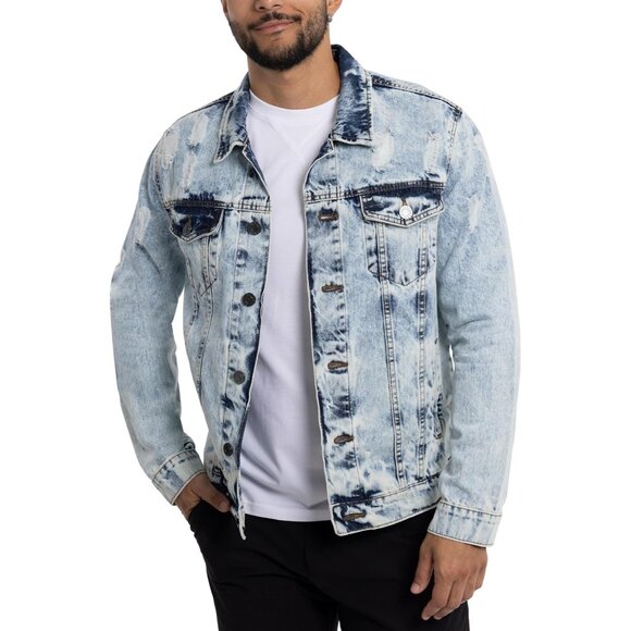 Mens Acid Stone Denim Jacket Washed Ripped Distressed Stretch Casual Trucker - Picture 5 of 9